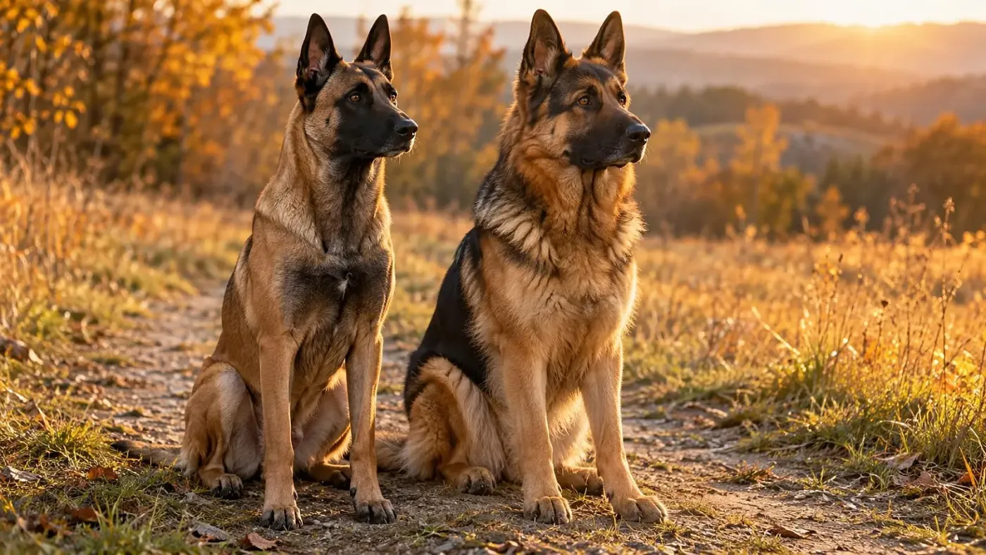 Belgiumi malinois és német juhászkutya egymás mellett egy őszi mezőn