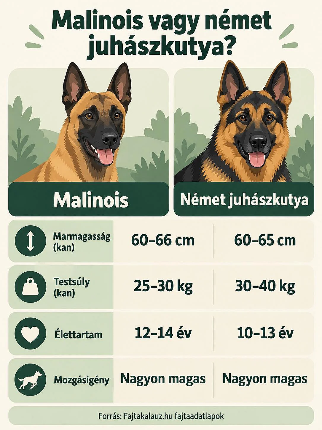 A malinois és a német juhászkutya magasságának, súlyának, élettartamának és mozgásigényének összehasonlítása
