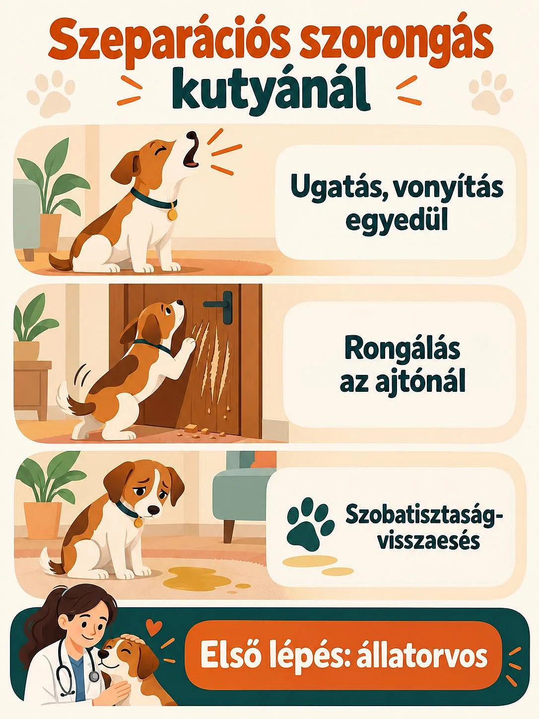 A szeparációs szorongás fő jelei kutyáknál: ugatás, ajtórongálás és szobatisztaság-visszaesés