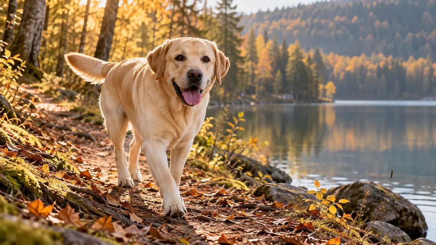 Sárga labrador retriever erdei ösvényen egy tó partján, ősszel