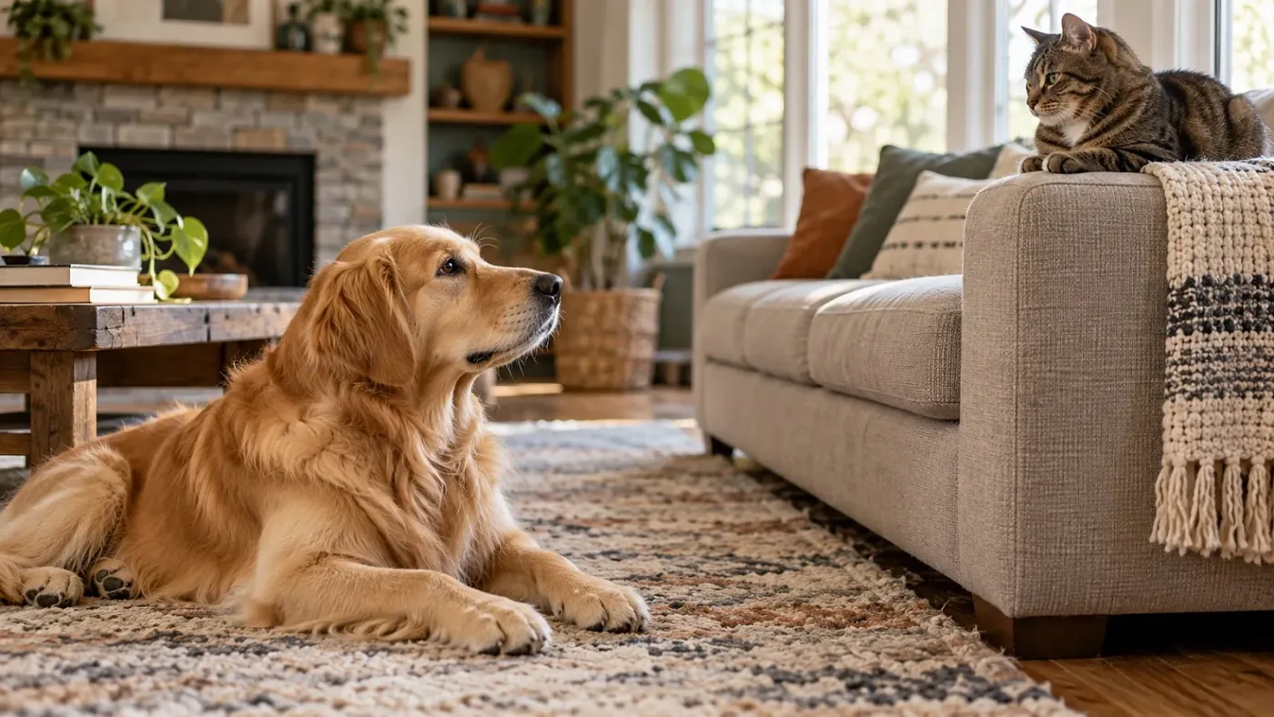 Nyugodt golden retriever és cirmos macska egy nappaliban
