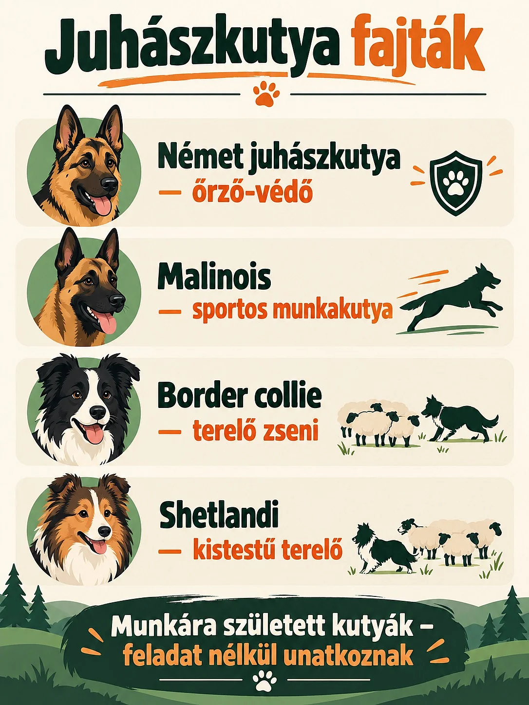 Juhászkutya fajták összehasonlítása: német juhászkutya, malinois, border collie és shetlandi