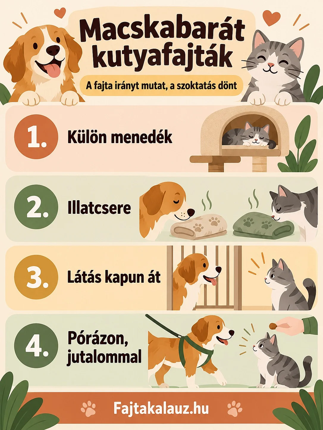 Macskabarát kutyafajták és az összeszoktatás négy lépése: külön menedék, illatcsere, látás kapun át, pórázos találkozás