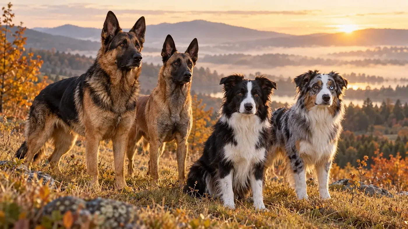 Német juhászkutya, malinois, border collie és ausztrál juhászkutya egy őszi réten