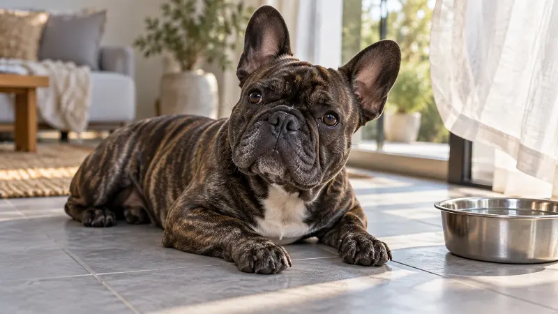Francia bulldog hűvös padlón, víztál mellett pihen