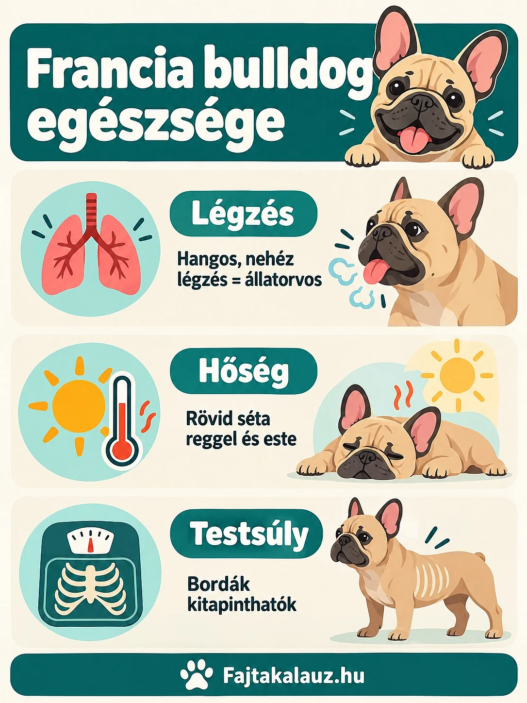 A francia bulldog egészségének három fontos területe: légzés, hőség és testsúly