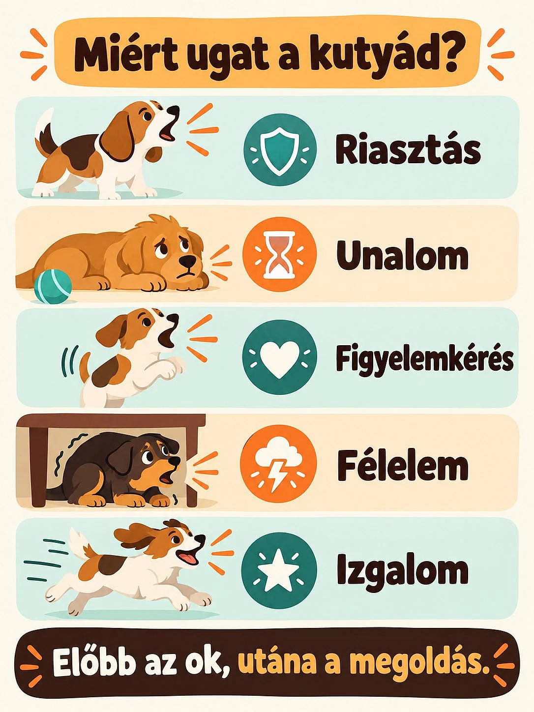 A kutyaugatás öt gyakori oka: riasztás, unalom, figyelemkérés, félelem és izgalom