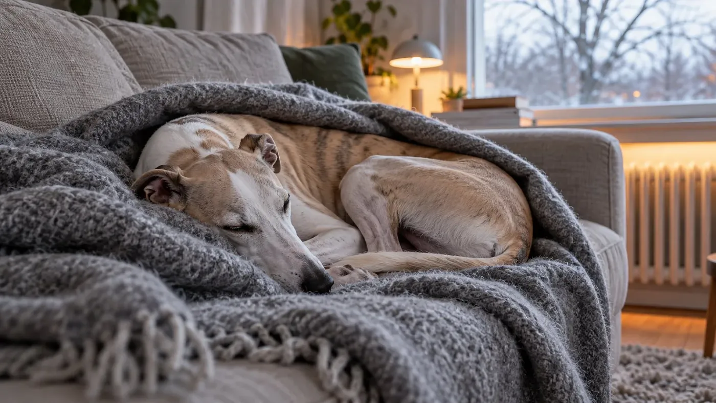 Whippet alszik takaró alatt egy csendes lakás kanapéján