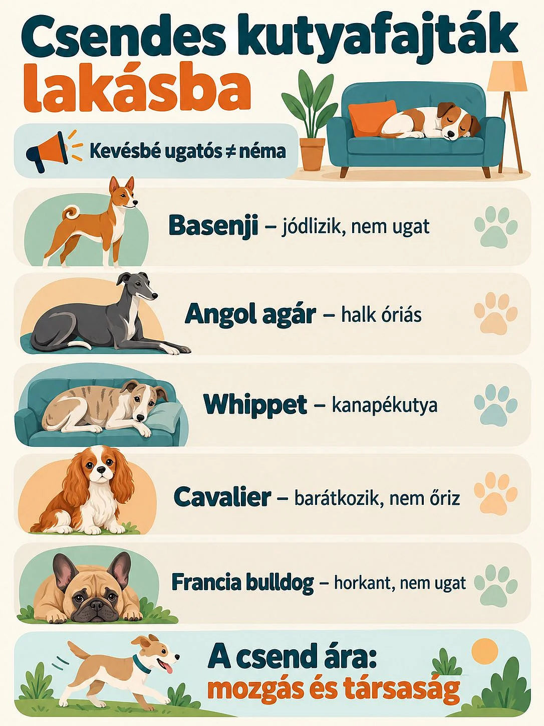 Öt kevésbé ugatós kutyafajta lakásba: basenji, angol agár, whippet, cavalier és francia bulldog