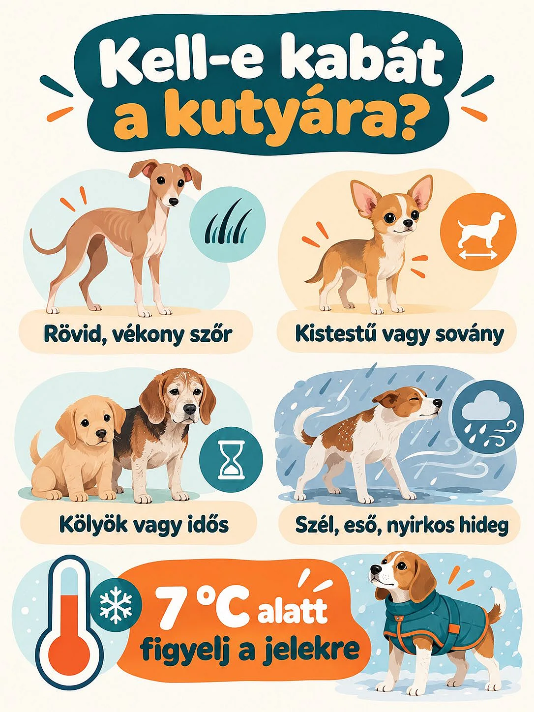A kutyakabát szükségességének fő szempontjai: szőrzet, testméret, életkor és időjárás
