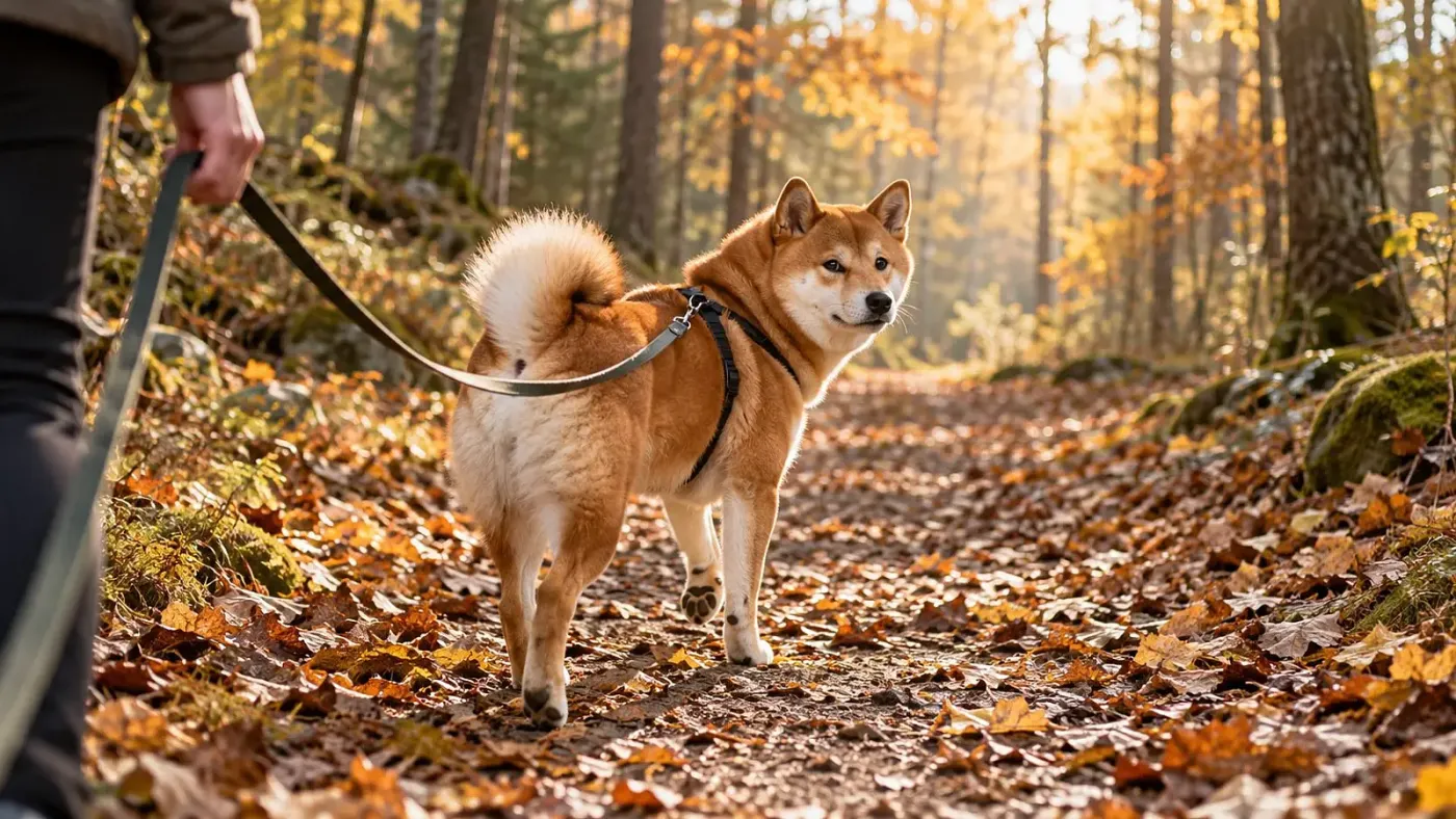 Vörös shiba inu hosszú pórázon egy őszi erdei ösvényen