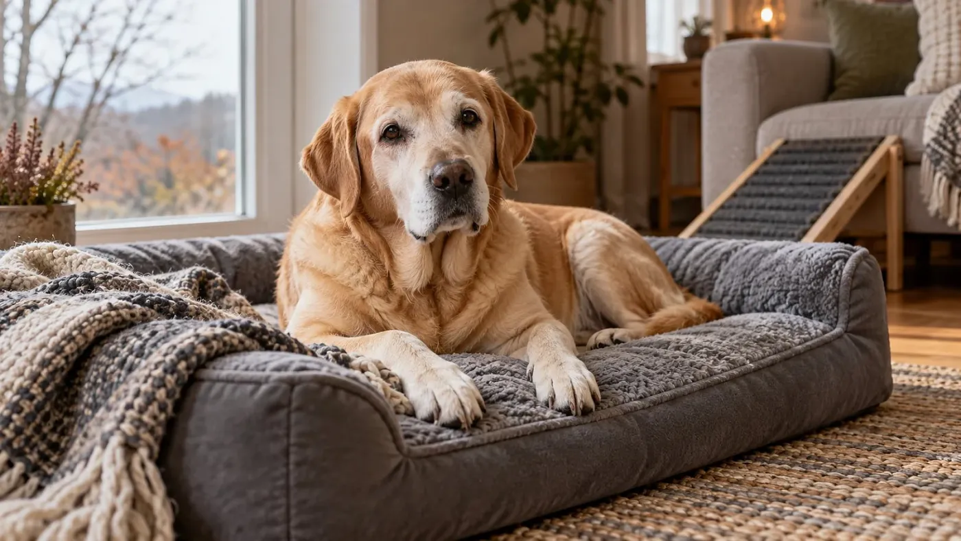 Idős sárga labrador ortopéd fekhelyen pihen egy meleg nappaliban