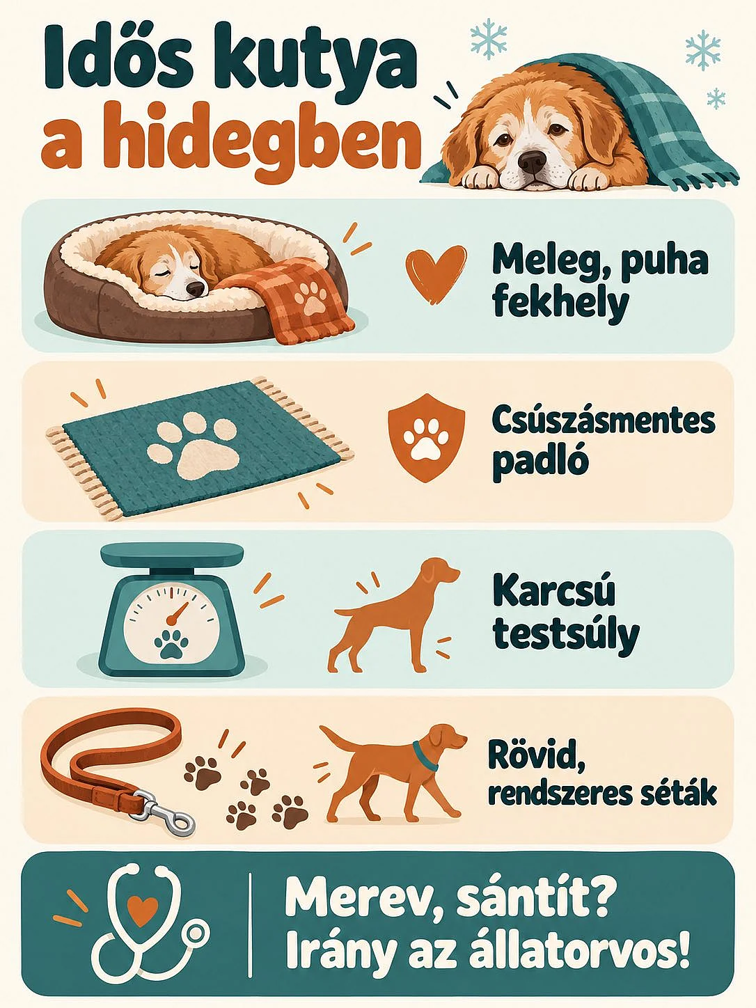 Négy segítség idős kutyának hidegben: meleg fekhely, csúszásmentes padló, karcsú testsúly és rövid séták
