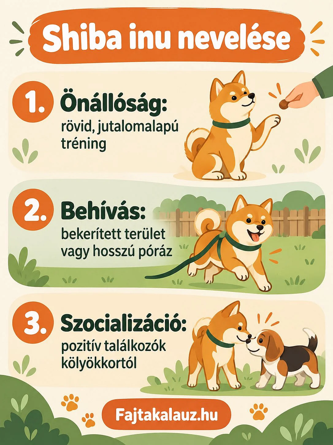 A shiba inu nevelésének három pillére: jutalomalapú tréning, biztonságos behívás és pozitív szocializáció