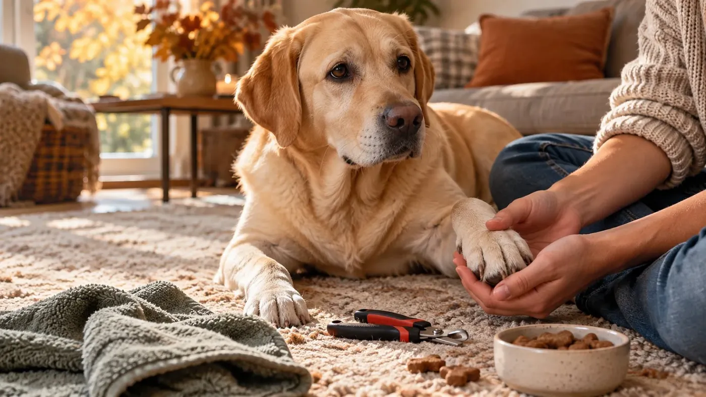 Gazdi óvatosan tartja egy nyugodt labrador mancsát karomvágás előtt