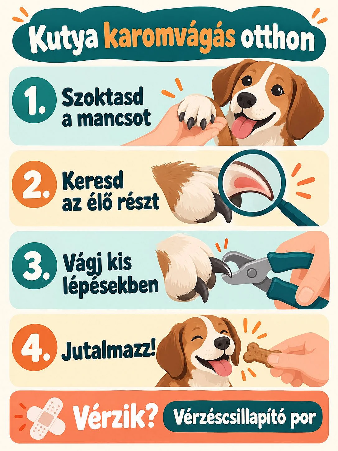 A biztonságos otthoni kutyakarom-vágás négy lépése és a vérzéscsillapítás módja