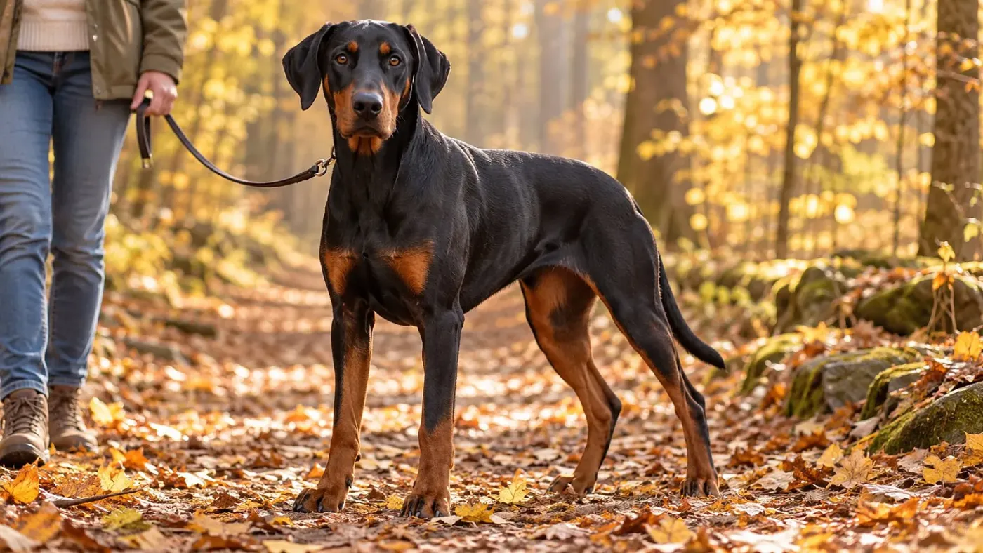 Természetes fülű fekete-cser dobermann egy őszi erdei ösvényen