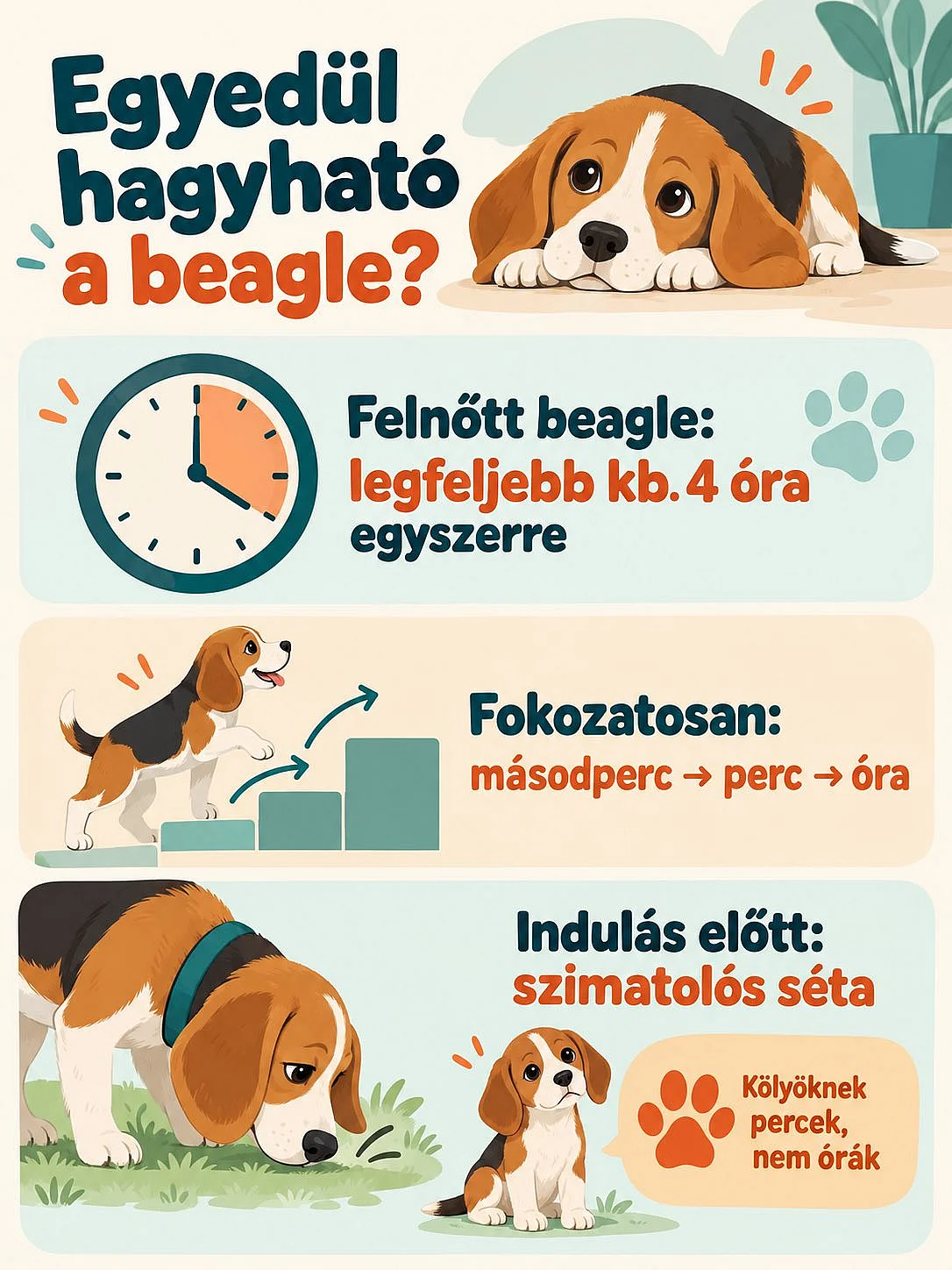 A beagle egyedüllétének időtartama, fokozatos tanítása és az indulás előtti szimatolós séta