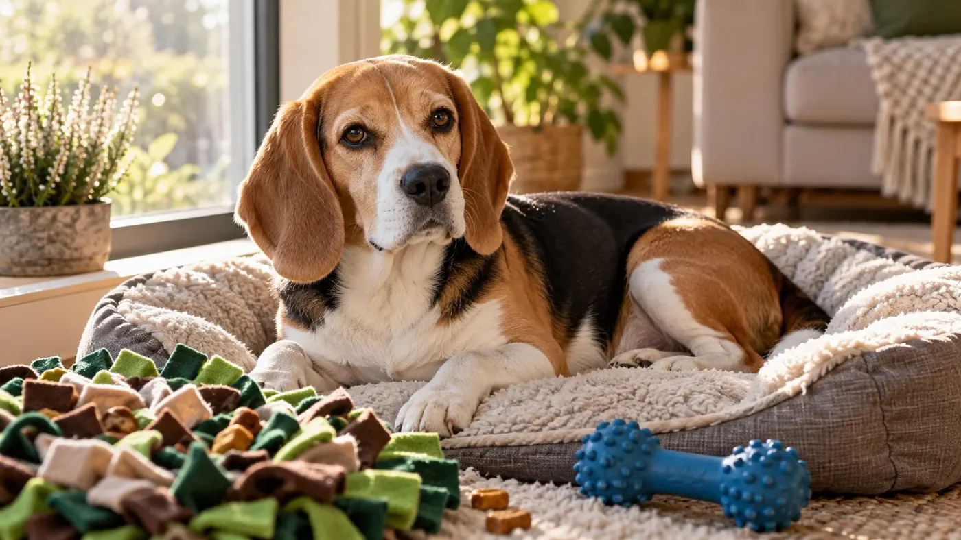 Nyugodt beagle pihen szimatoló szőnyeg és rágójáték mellett