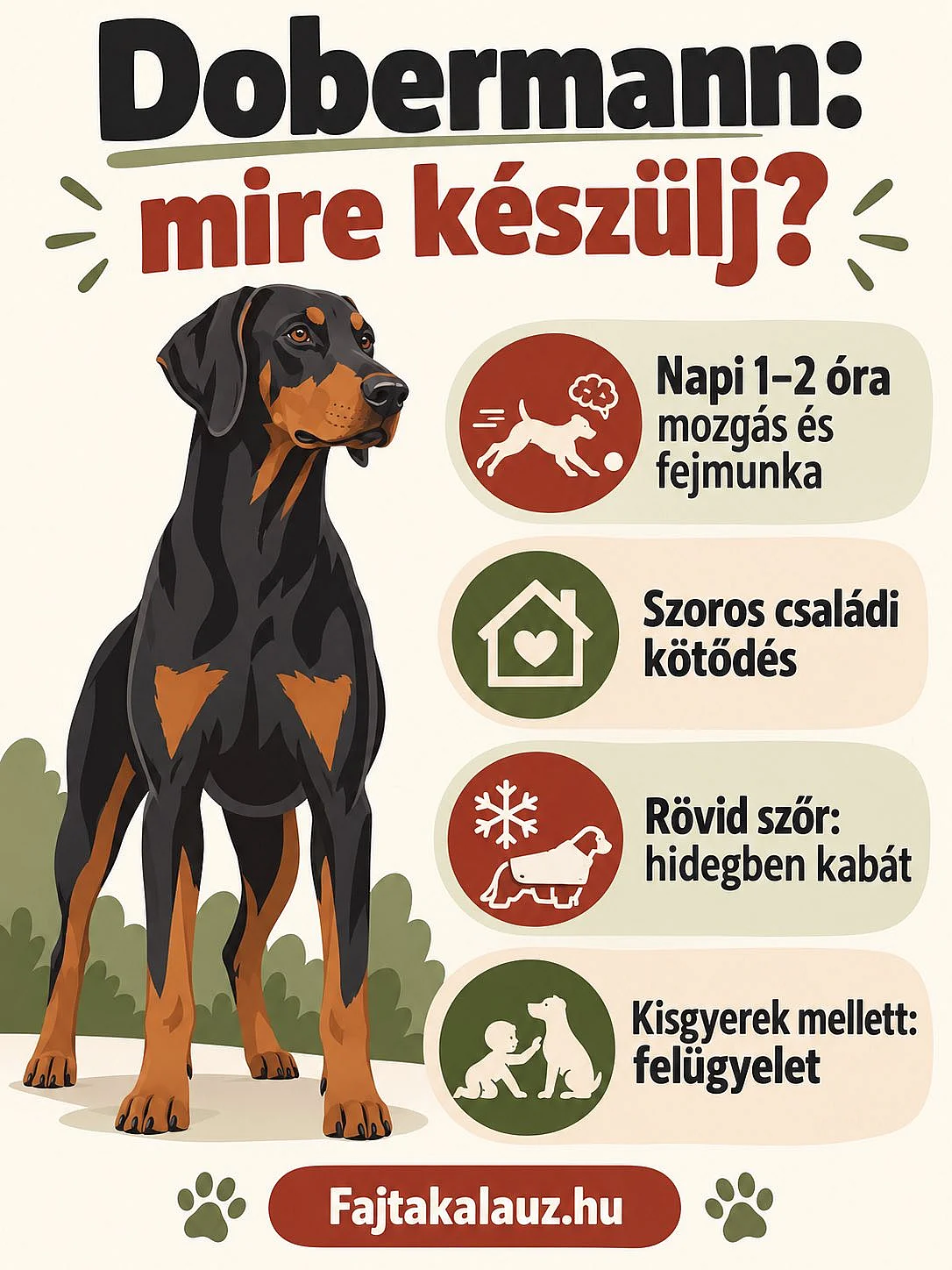 A dobermann tartásának fő szempontjai: mozgás, családi kötődés, hideg elleni védelem és gyerekfelügyelet