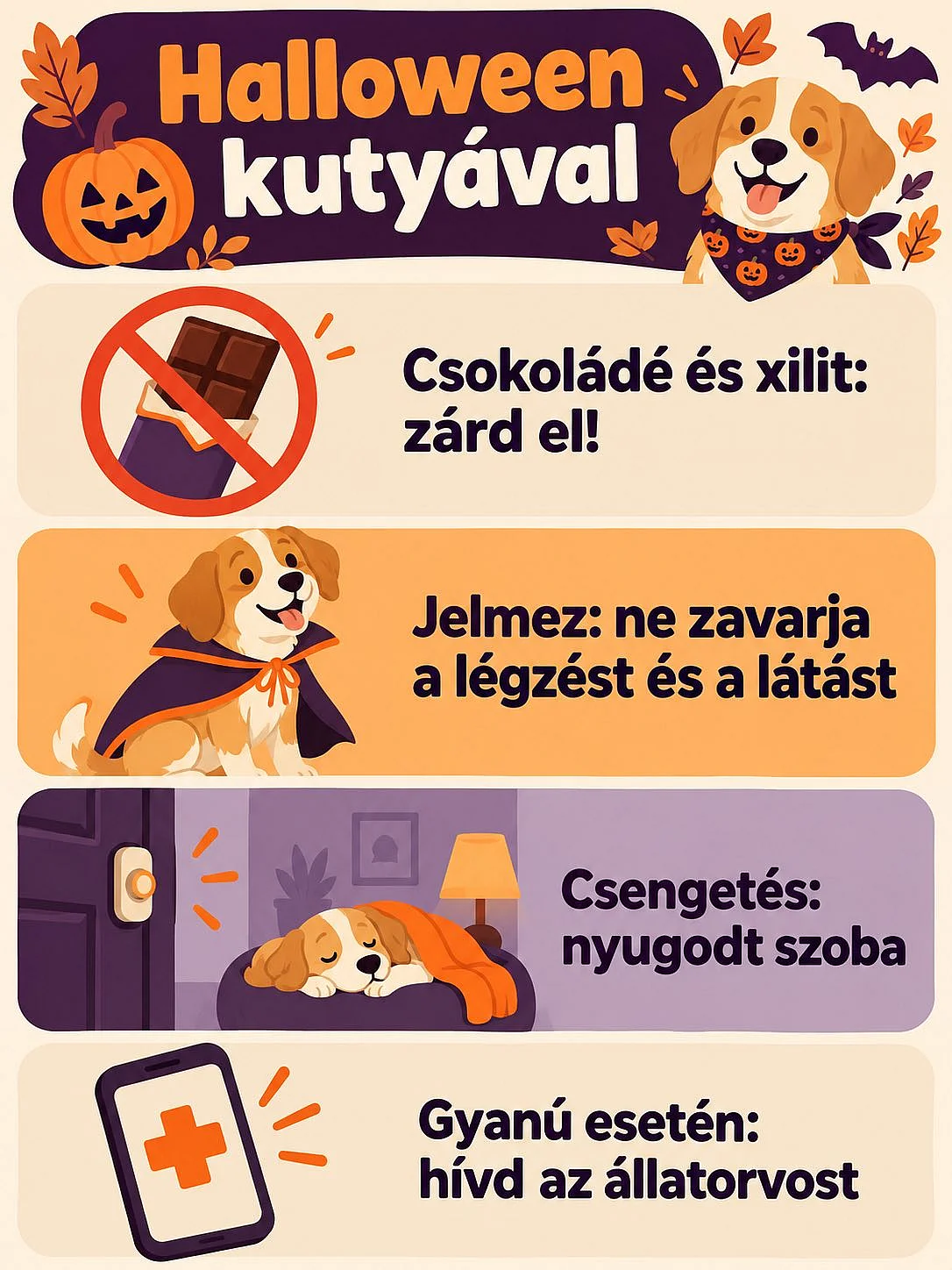 Halloweeni kutyabiztonság: csokoládé és xilit elzárása, biztonságos jelmez, nyugodt szoba és állatorvosi segítség