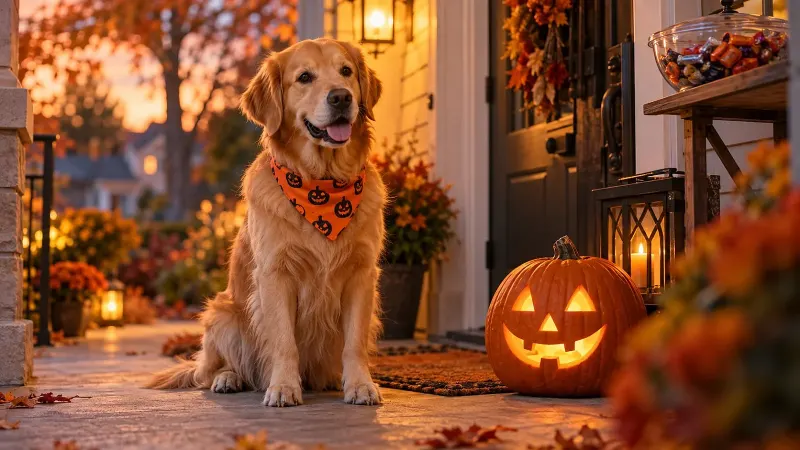 Golden retriever tökös kendőben egy kivilágított halloweeni verandán