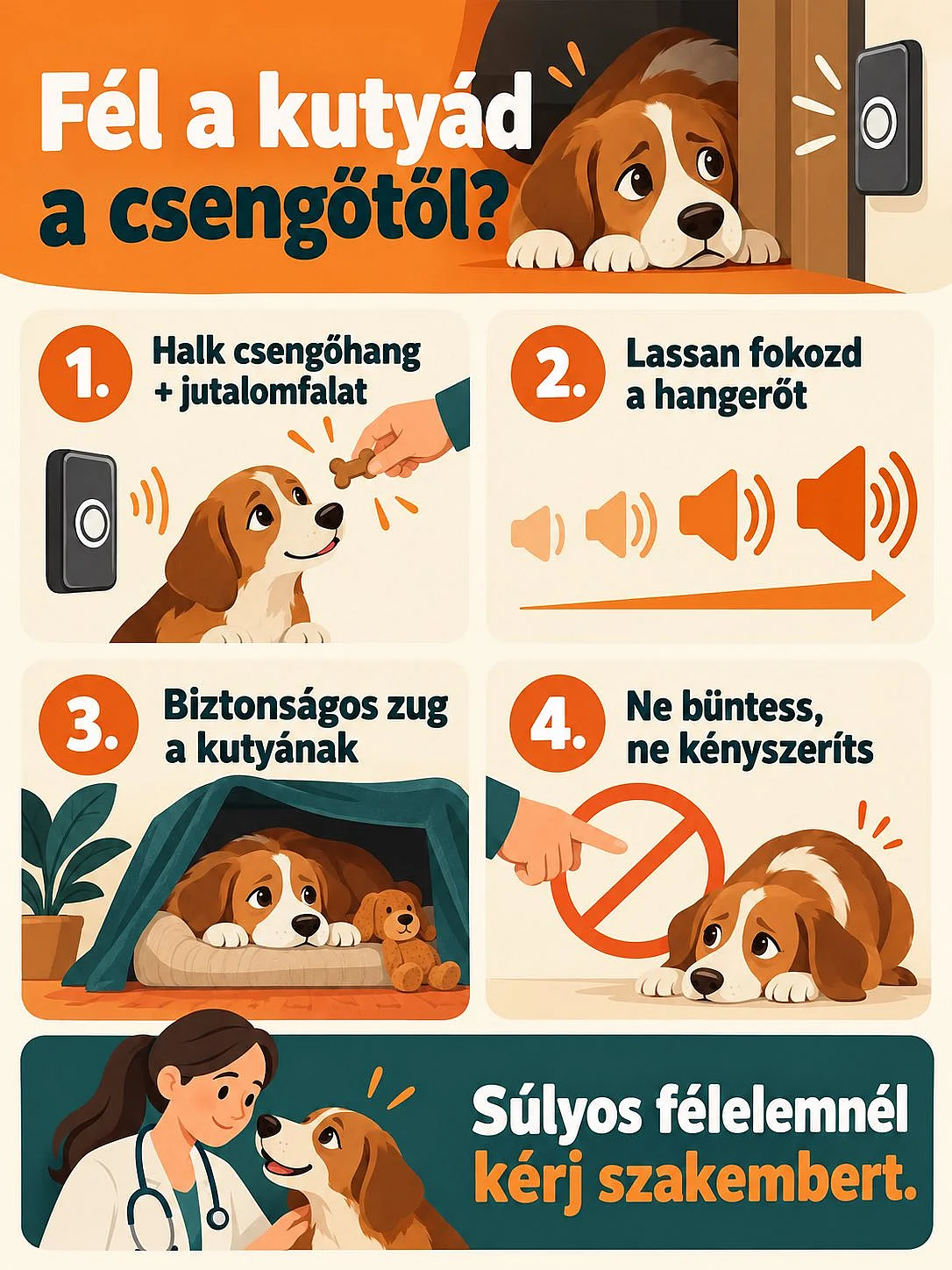 A csengőtől félő kutya fokozatos szoktatásának négy lépése és a szakértői segítség jelzése