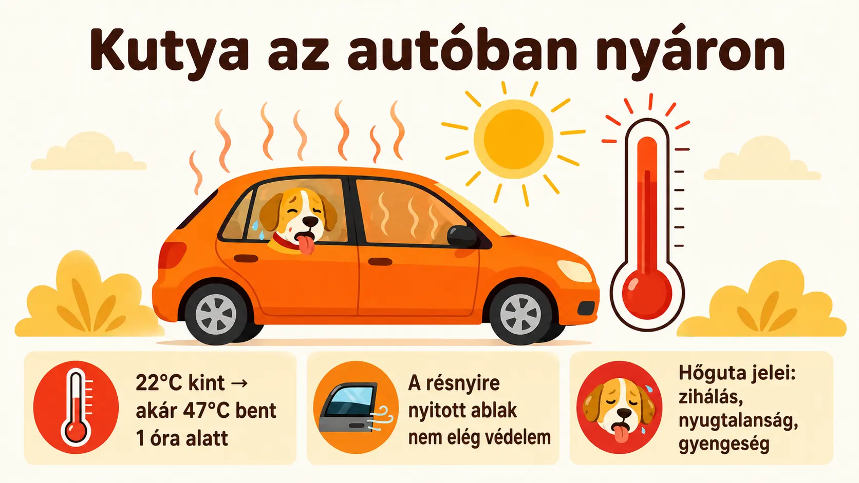Kutya az aut&oacute;ban ny&aacute;ron: percek alatt &eacute;letvesz&eacute;ly
