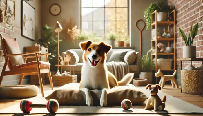 Boldog kutya kényelmesen pihen otthon, körülötte játékok és növények